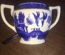 Antique Birds Flow COBALT Blue & White Crown MADE IJAPAN SUGAR BOWL BIRDS River