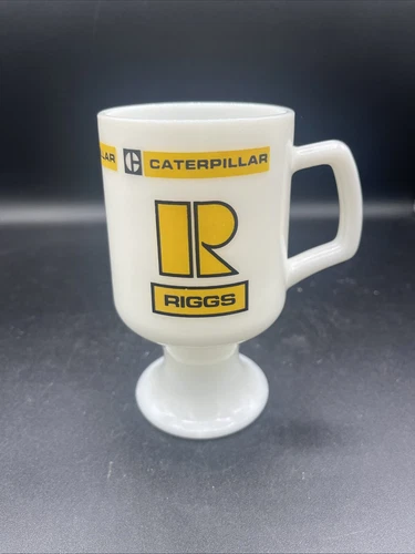 Vintage Milk Glass Caterpillar Riggs Cat Tractor  Handle Mug 5.5 Inches Tall MCM