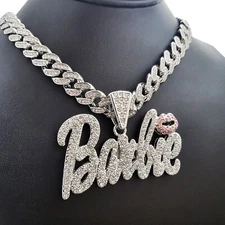 Women Gold Plated Large Barbie Charm & Iced Cubic Zirconia Cuban Chain Necklace