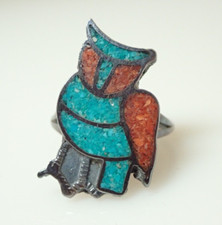 Vintage Native Crushed Coral Turquoise Inlay Owl Sterling Silver Ring Sz 5.25