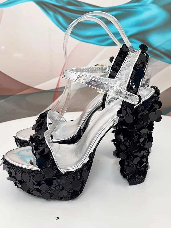 2025 Nuevo Sandalias Plateadas con Correa Brillante Tacones Súper Altos Plataforma Para Mujer Talla Foto 3 de 4