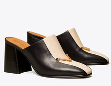 TORY BURCH EQUESTRIAN LINK MULE 80MM PUMP LEATHER BLACK/DULCE DE LECHE SZ 6.5