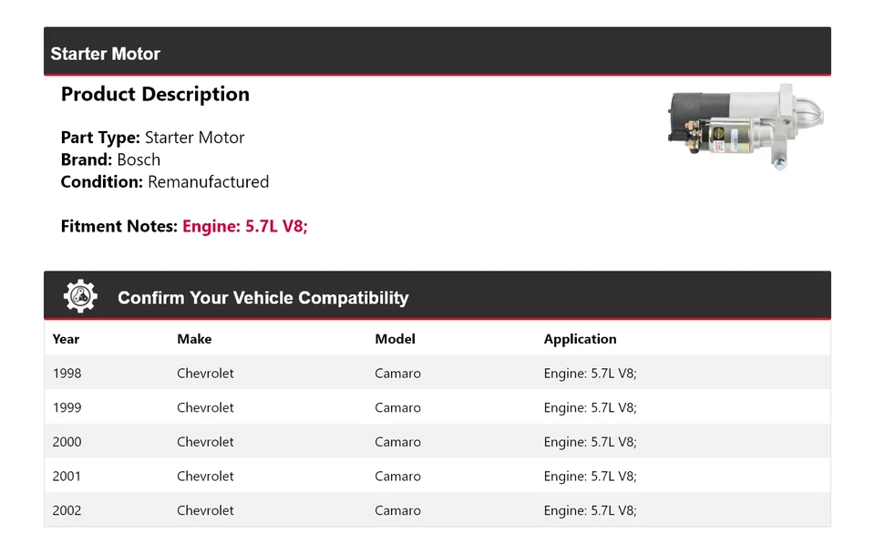 Para Chevrolet Camaro 1998-2002 5,7 L V8 Bosch Arranque (Remanufacturado) 1999 2000 Foto 2 de 4