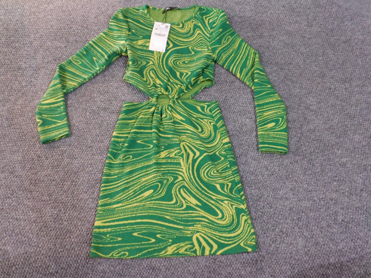 Zara women dress medium green stretch geometric day party casual polyester