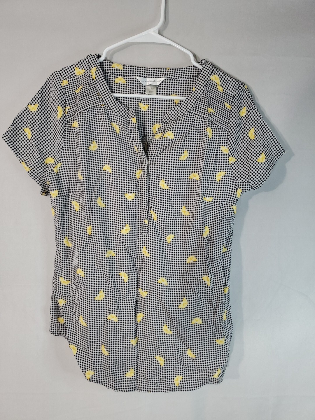 Christopher & Banks Blouse Women's Size small V-neck Gingham Lemon Checkered