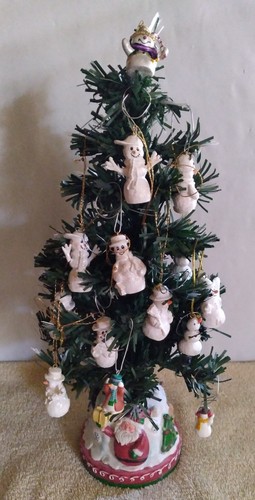 Mini 13" Tabletop Artificial Christmas Tree w/ (14) Miniature Snowman Ornaments