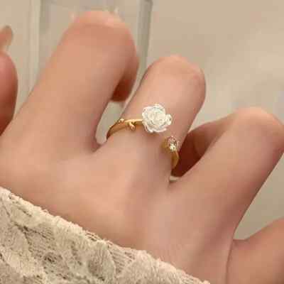 Delicate Camellia Design, Open Ring, Inlaid W/Sparkling Gemstones, Adjustable