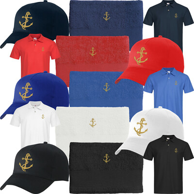 Poloshirt + Basecap + Duschtuch bestickt Anker Kapitänsmütze Geschenk Skipper