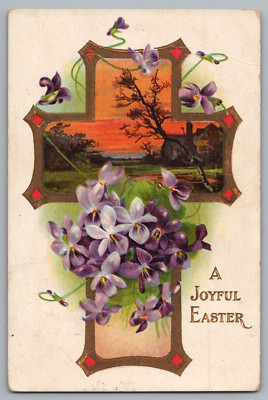A Joyful Easter Embossed Cross & Flowers c1910 Postcard