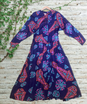 Vintage 70’s ADINI Women’s Indian Hand Block Print Gauze Smock Dress  14-16 UK