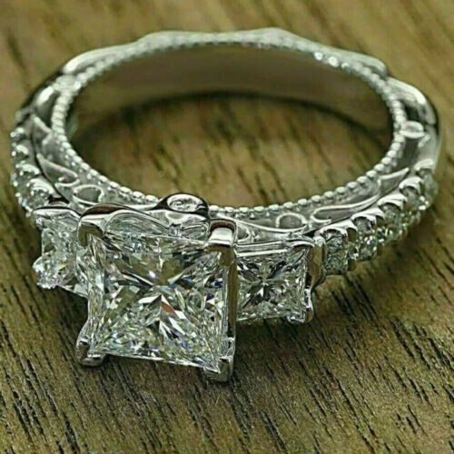 2Ct Princess Cut lab Created Diamond Halo Engagement Ring 14k White Gold Plated - Picture 1 of 3