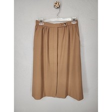 Vtg Wool Blend Tan Midi Skirt 8 Tan Button Front Pleated A-Line Career Women