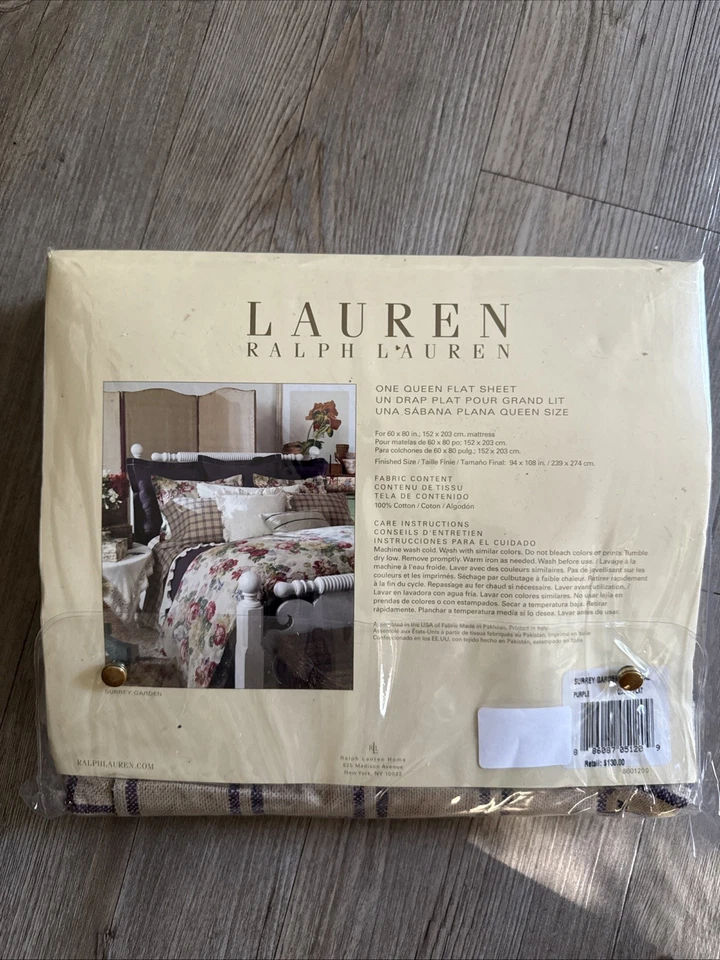 Ralph Lauren Nuevo Surrey Jardín Tattersal Púrpura Bronceado Cuadros Queen Sábana Plana NUEVO Foto 4 de 4