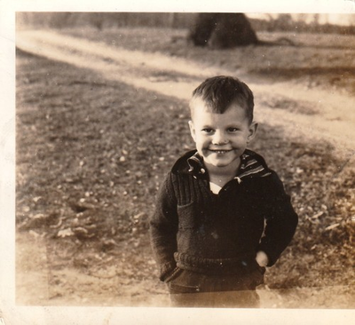 #ad Vintage Photo Little Boy Smiling Corduroy Pants Sweater Rural America Nature USA $9.99