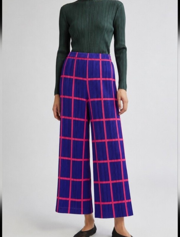 ISSEY MIYAKE PLEATS PLEASE WINDOWPANE WIDE LEG PANTS
