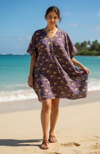 Boho Summer Short Kaftan Dress Purple & Gold Print Recycled Silk Caftan L-2X