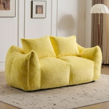 Giant Fluffy Bean Bag Loveseat w/ Pillows, Faux Fur, Memory Foam Filler, Yellow
