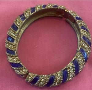 Designer Les Bernard Inc hinged bracelet rhinestone & blue enamel 6in As Is