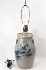 Rowe Pottery Works -Large 1988 Salt Glaze Table Lamp Bird Crock Gray Blue Vtg KZ