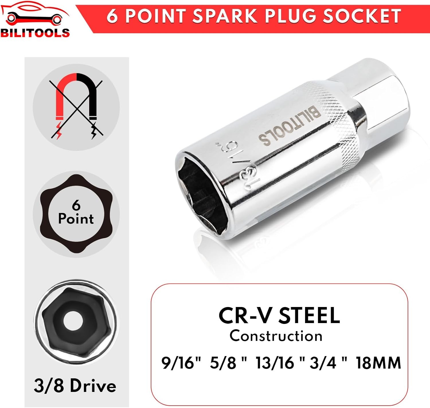 BILITOOLS 9-Piece 9pc（9/16, 5/8, 3/4, 13/16, 14mm, 16mm, 18mm), Chrome 