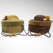 Set of 2 Vintage Corduroy Doll Hat Keepsake Boxes-Brown and Green EUC