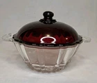 Vintage Ruby Red & Clear Candy Dish w/Lid Scalloped Edges Anchor Hocking?