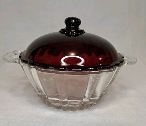 Vintage Ruby Red & Clear Candy Dish w/Lid Scalloped Edges Anchor Hocking?