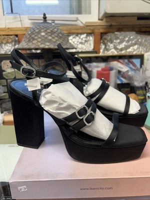 Lisa Vicky Babe V Black Satin Ankle Strap Pumps Size 10 M New