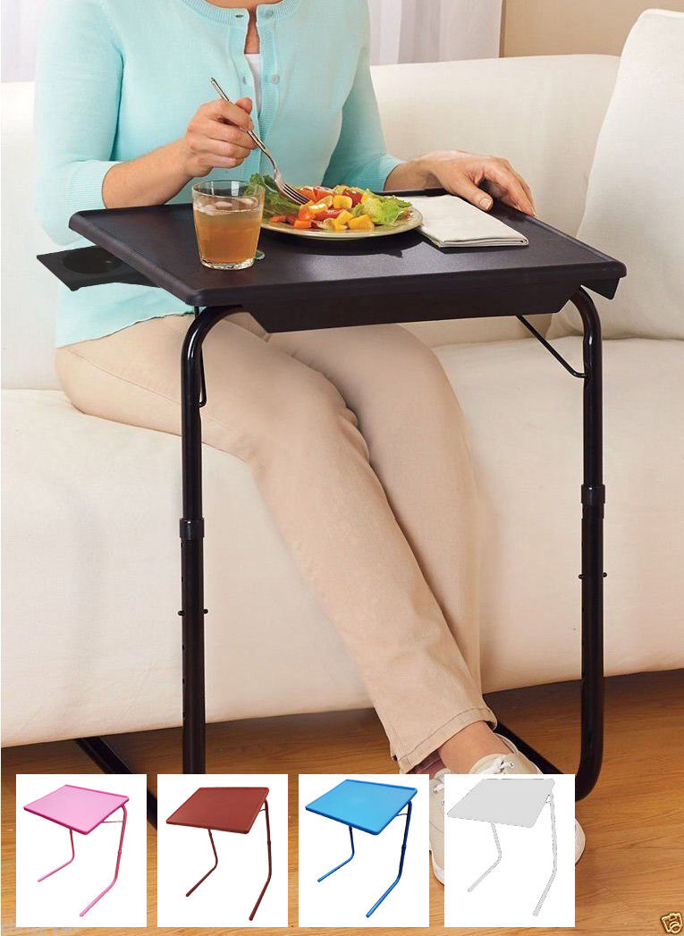 Portable & Foldable Comfortable Adjustable TV Tray Table Stand + Cup Holder  NEW