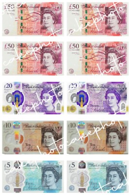 BRITISCHE GELDSCHEINE GBP £50 £20 £10 £5 ESSBARE ZUCKERGUSSBILDER /UNGESCHNITTEN ODER VORGESCHNITTEN
