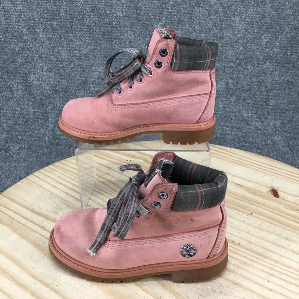 Timberland Botas Jóvenes Niñas 13 Premium Cuadros Combate Cuero Rosa Impermeables Foto 2 de 4