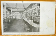 1907 Smyser's Drug Store Postcard, Soda Fountain Market & Newberry Sts, York, PA