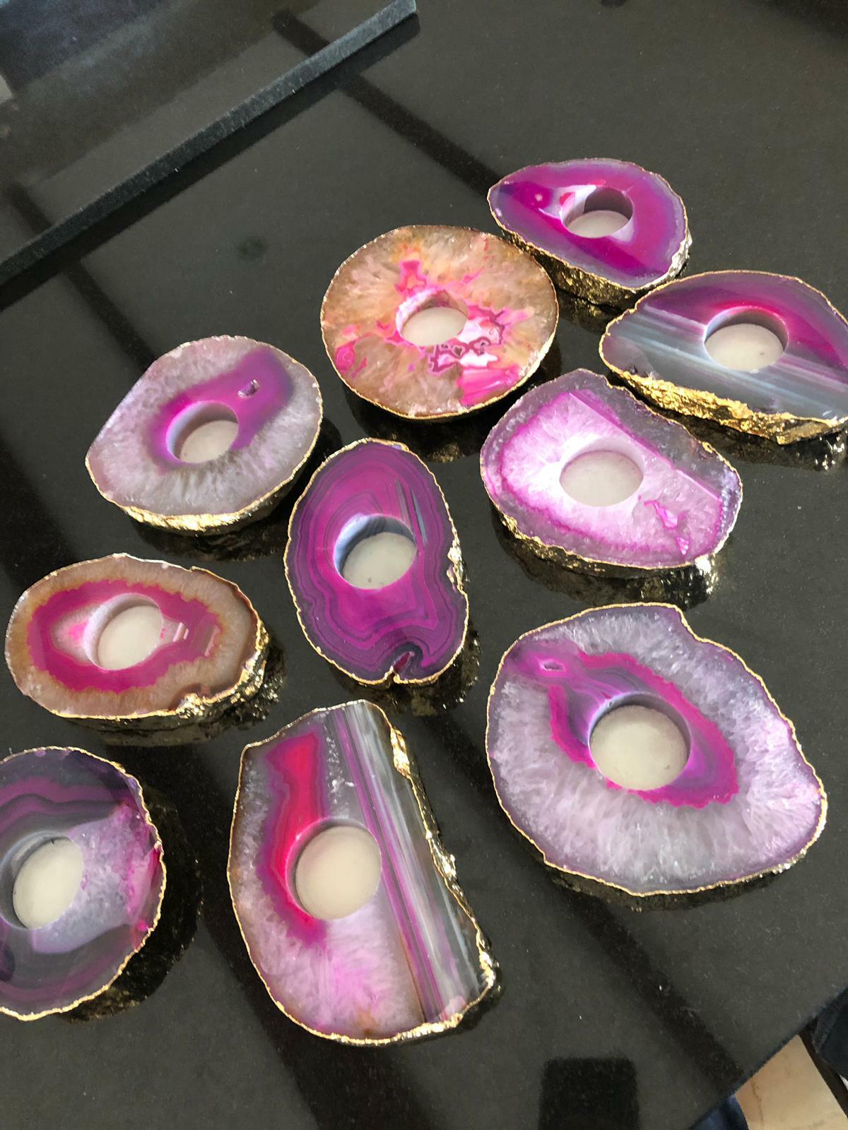 Large Pink Agate Slice Microcrystalline Quartz Gold Gilded 24ct Tealight Candle