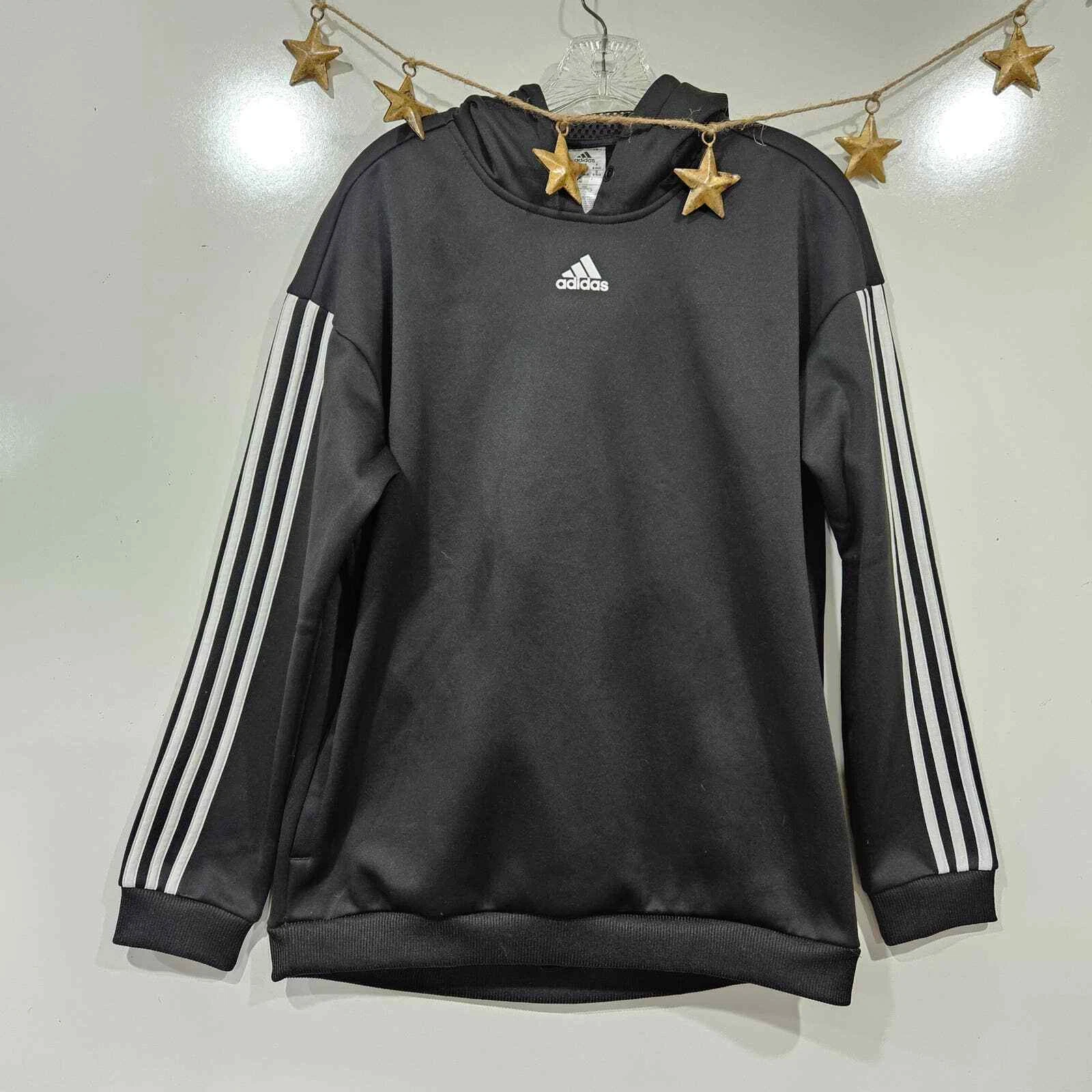 Adidas Womens Black White Gear Up Hoodie Pockets 3 Stripe Sleeves Size Medium