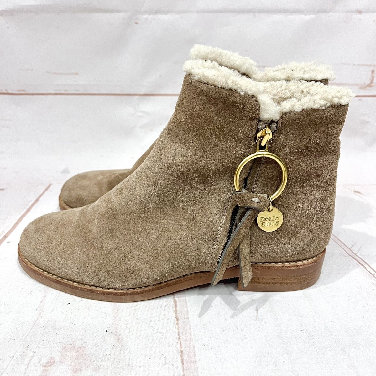 See by Chloe Suede Leather Louise Sheepskin Shearling Fur Lined Ankle Boots  38