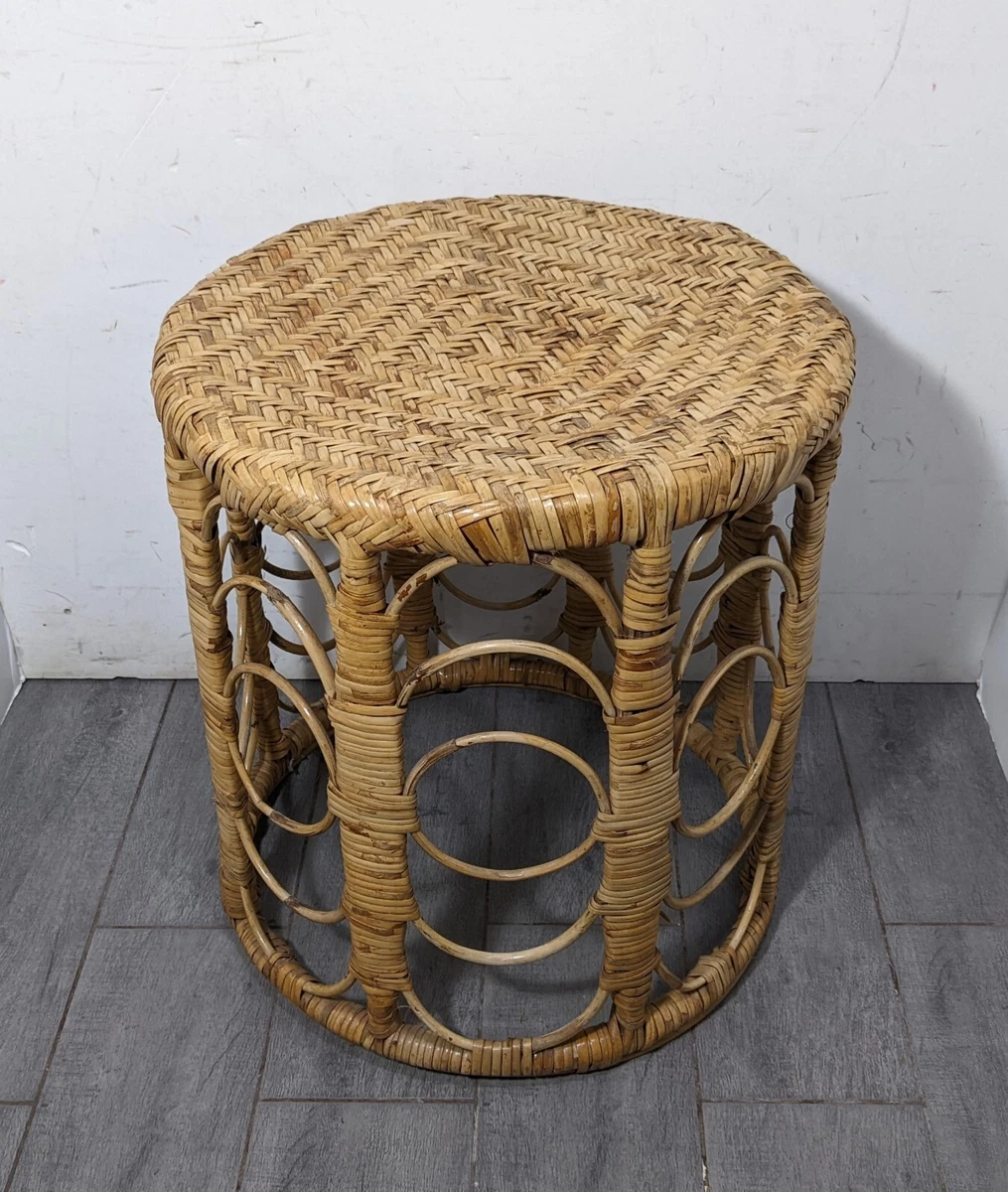 Vintage Wicker Rattan Bamboo Round Side Table Stool Boho Chic Mid