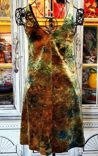 Vintage Betsey Johnson 90s Green Blue Tie Dye Crushed Velvet Short Slip Dress M - Picture 3 of 15