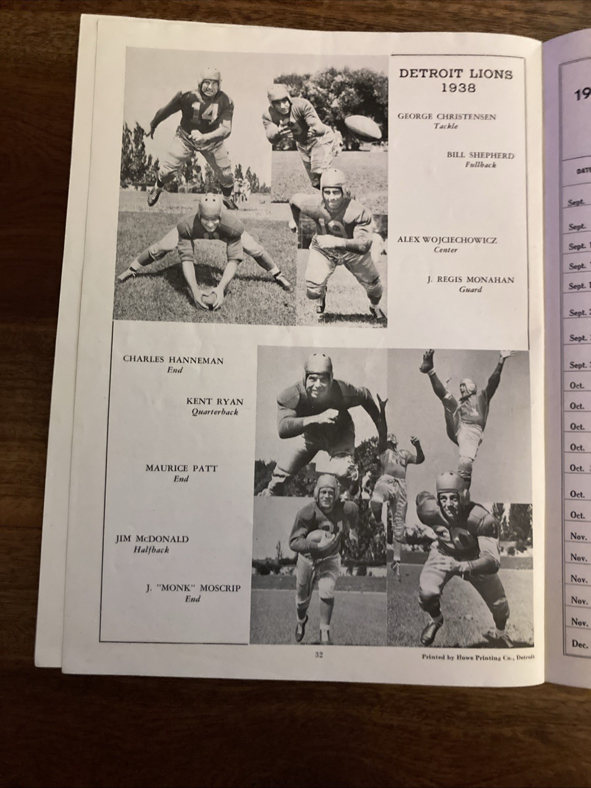 1938 DETROIT LIONS vs. WASHINGTON REDSKINS FOOTBALL PROGRAM/“DUTCH” CLARK!!!