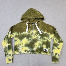 Calvin Klein Hoodie Womens XS Cropped Green Yellow Tie Dye 1/4 Zip Pullover
