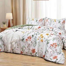 Floral Duvet Cover King Size - White Yellow Flowers and Green Leaf Spring Bot...