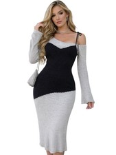 Y2K Girly Bodycon Knit Midi Dress Womens L Off Shoulder Bell Sleeve Wool Blend