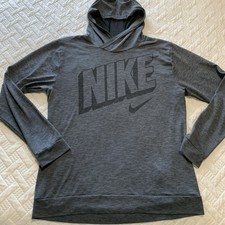 Nike Hoodie Lightweight Gray With Black Logo Dri Fit Big Swoosh Check Youth XL