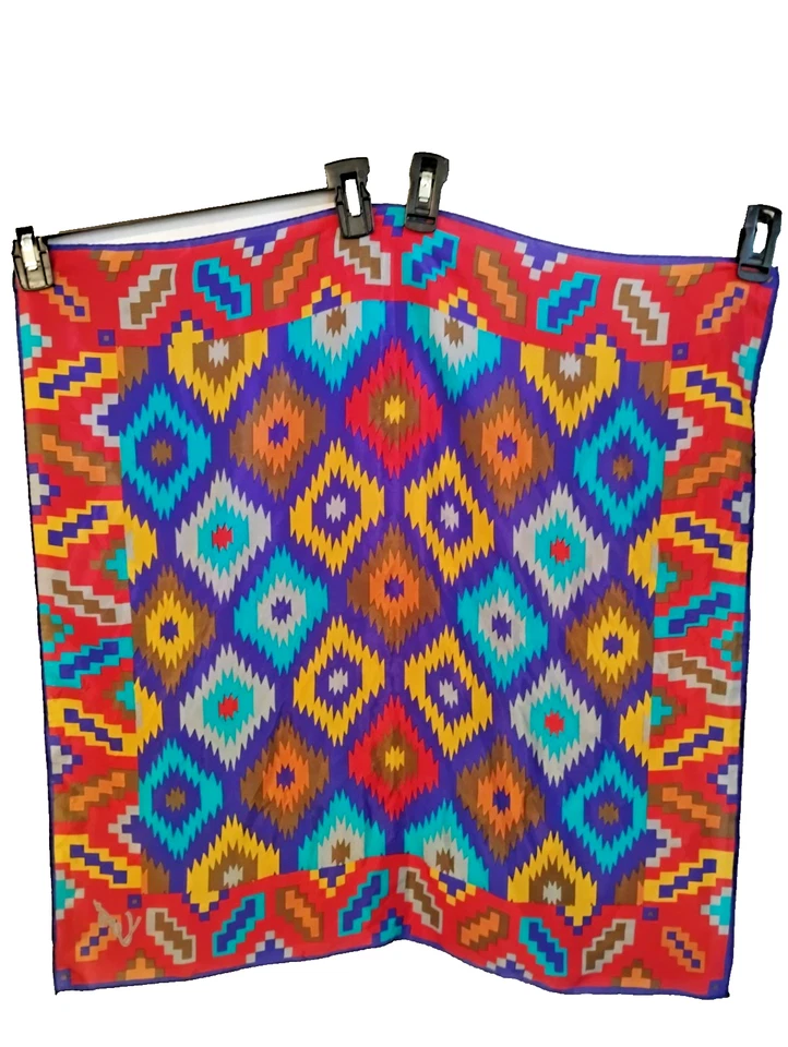 Kenzo Bold Western Geometric Festival Ethnic Flowy Satiny Silk Scarf 26" x 25" - Image 2 of 4