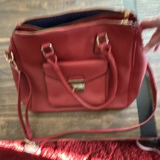 Red Satchel Top Handle Bag with Double Handles, Zip Closure, Gold Hardware