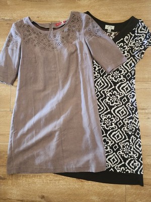 Lot of 2 Short Shift Preppy Summer dress S/M Perforated Faux Suede + Geometric