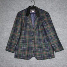 Sag Harbor Women Plaid Blazer Jacket Size 16 Wool Blend Corduroy Collar Classic
