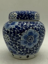 Vintage Delft Chinese Delftware Porceleyne Fles Tea Caddy Flower Hand Painted