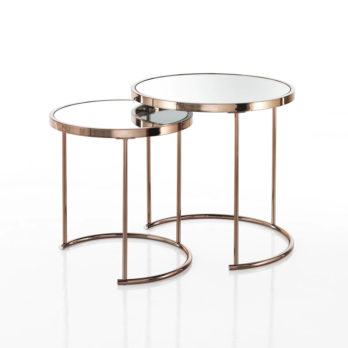 Ensemble tables basses design Hollis en verre miroir et acier structure or rose chic