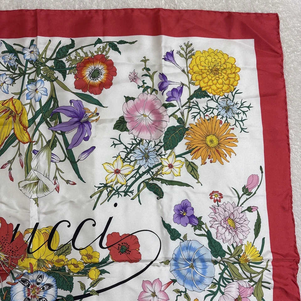 GUCCI Flora Silk Scarf 33in Floral Motif Red Border Flowers Pattern Italy - Image 4 of 4