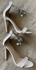 High Heels Pumps Absatz-Schuhe Riemchen Gr 37 Lack-beige Glitzer-Steine/silber